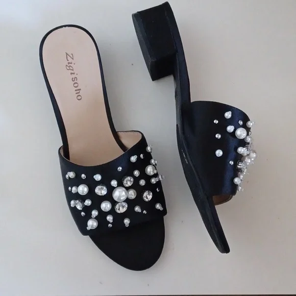 Zigi Soho Edina Black Satin Pearl & Crystal Slides ** SZ 9 - Picture 4 of 10